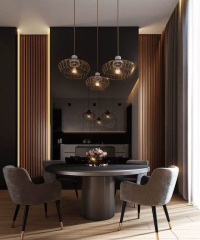 gray dining table under pendant lamps